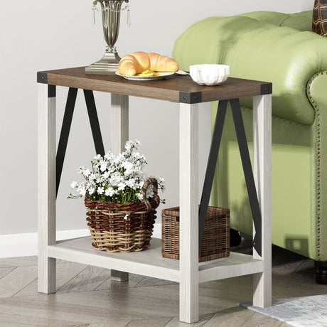 ChooChoo Farmhouse End Table Set of 2, Narrow Side End Table with Storage Shelf, Rustic A-Design Nightstand Sofa Table for Living Room, Bedroom(White&Brown) ChooChoo