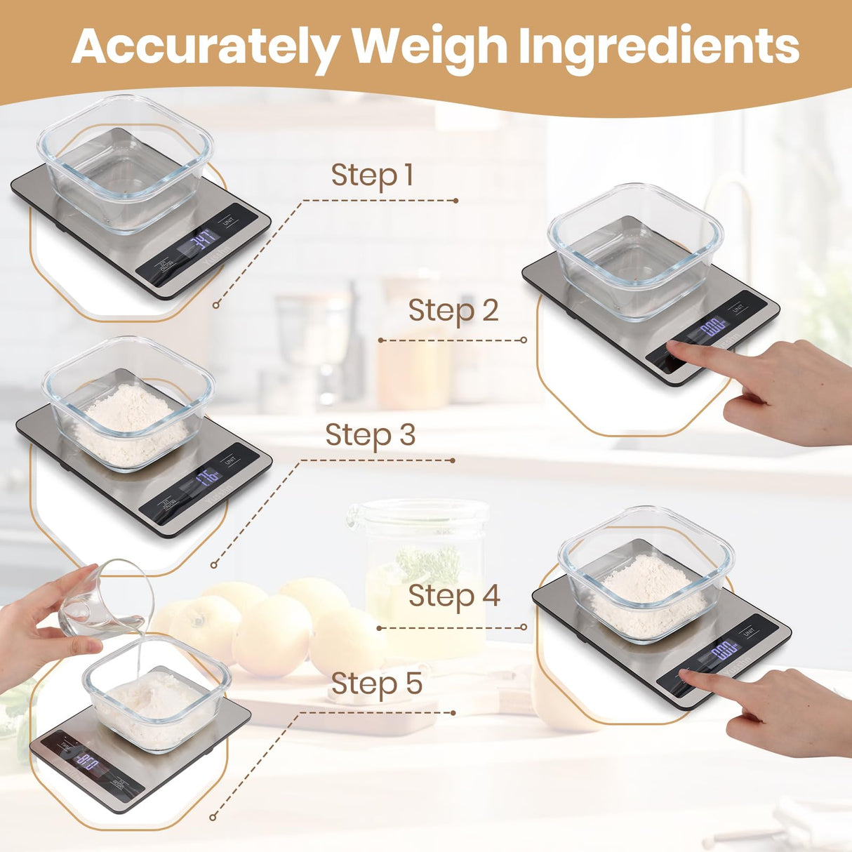 Yusshn Digital Kitchen Scale - Precision Food Scale for Cooking & Baking (1g/0.05oz Accuracy) - Waterproof Stainless Steel with LCD Display, Batteries Included - Weight in Grams & oz (Ash Silver) Yusshn