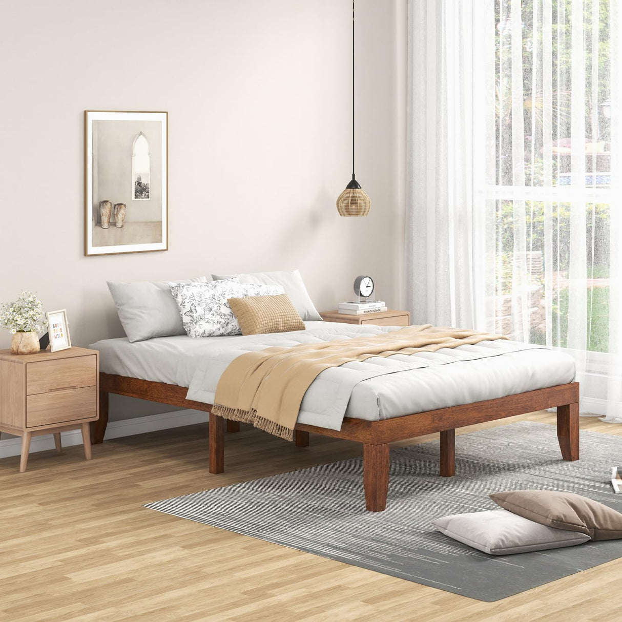 KOMFOTT 14-Inch Brown Cherry Solid Wood Platform Bed Frame with Under-Bed Storage KOMFOTT