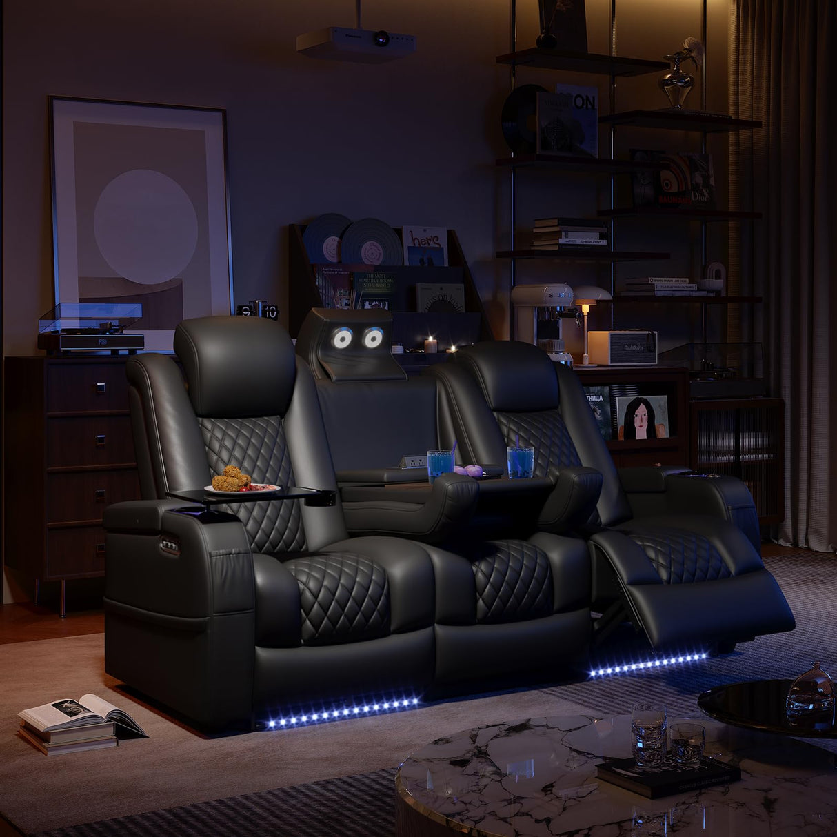 Airadlis Home Theater Seating Seats, Movie Theater Chairs Theater Recliner with 7 Colors Ambient Lighting, Lumbar Pillow, Touch Reading Lights, Tray Table (Black, Row of 3) Airadlis