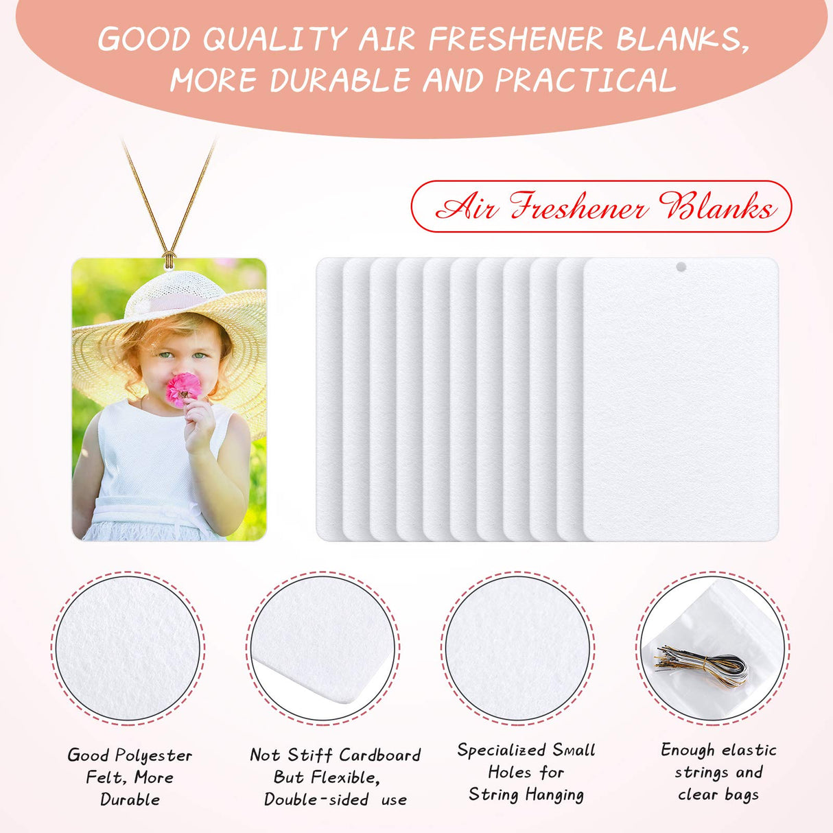 50 Pieces Sublimation Air Freshener Blanks Rectangle Shape Air Freshener Sheets for Car and Home Polyester Felt Air Freshener with 100 Elastic Drawstrings and 50 Bags for DIY HTV Inks Heat Press Chuangdi