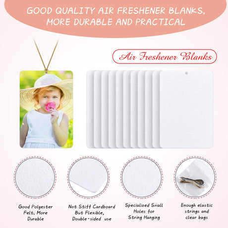 50 Pieces Sublimation Air Freshener Blanks Rectangle Shape Air Freshener Sheets for Car and Home Polyester Felt Air Freshener with 100 Elastic Drawstrings and 50 Bags for DIY HTV Inks Heat Press Chuangdi