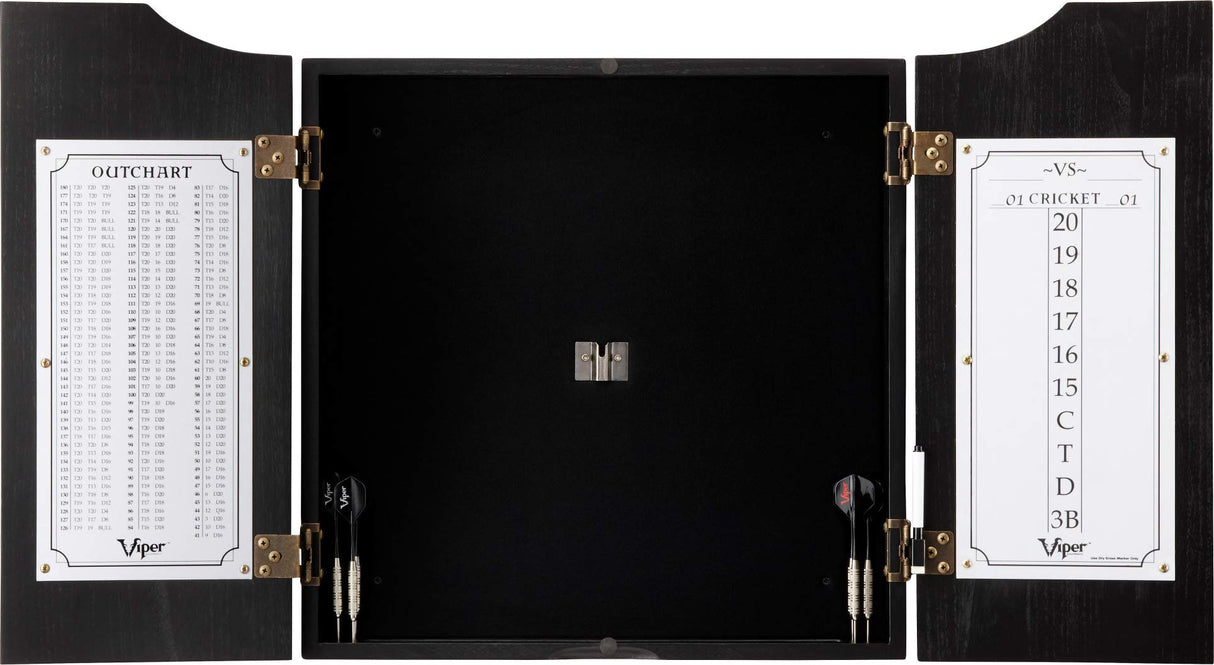 Viper by GLD Products Hudson Solid Wood Cabinet for Sisal/Bristle Steel Tip Dartboard with Dry Erase Scoreboard and Out-Chart, Black Finish Viper