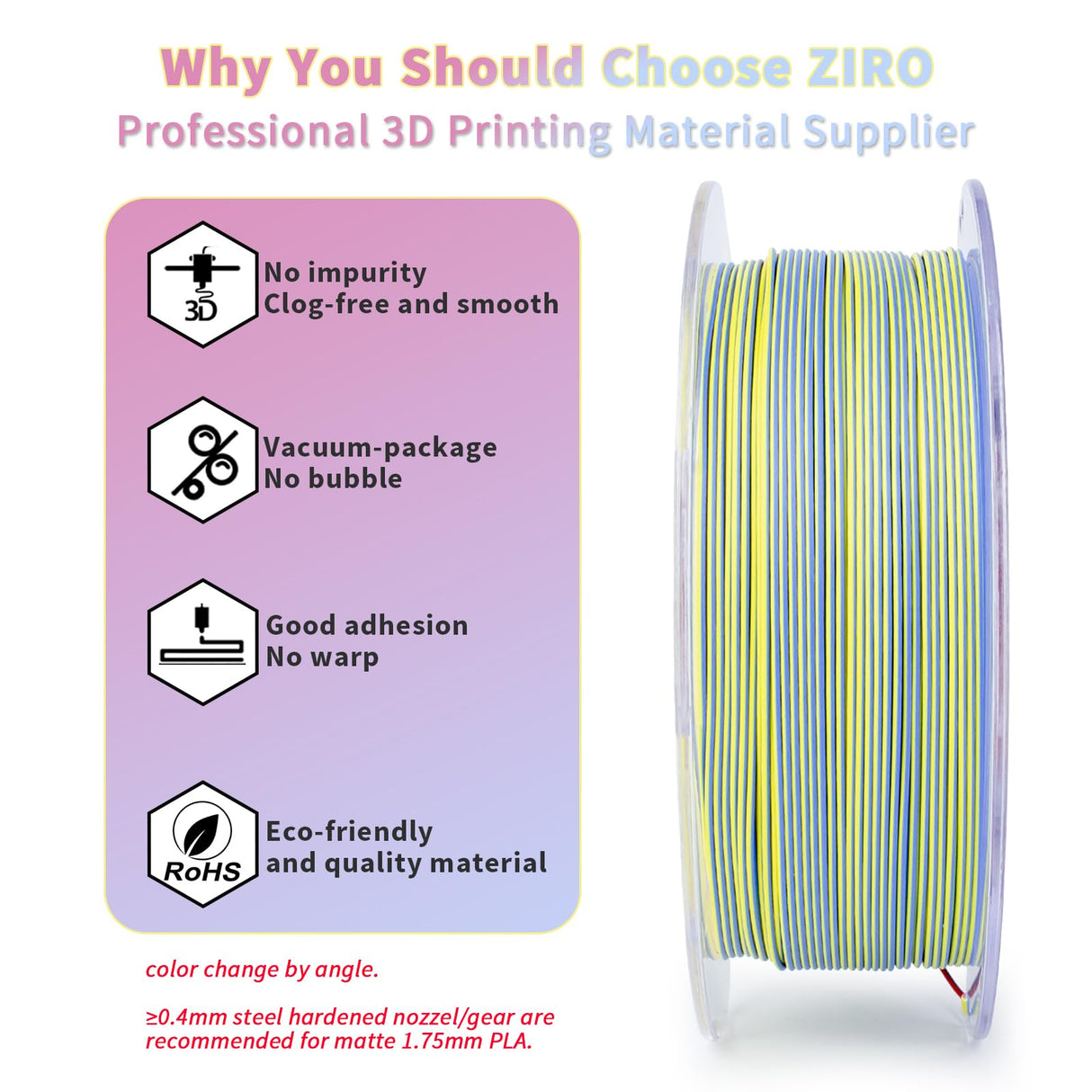 ZIRO Matte 3-in-1 Color Change PLA Filament 1.75mm, Magic Discoloration 3D Printer Filament, Different Color Coextrusion Chrome 3D Material, Fit Most FDM 3D Printers,1KG/2.2lb Spool, Neon ZIRO