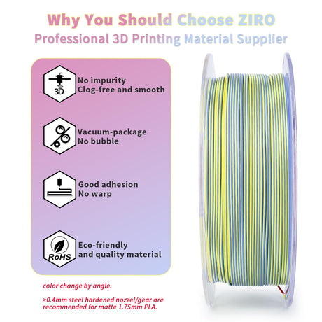 ZIRO Matte 3-in-1 Color Change PLA Filament 1.75mm, Magic Discoloration 3D Printer Filament, Different Color Coextrusion Chrome 3D Material, Fit Most FDM 3D Printers,1KG/2.2lb Spool, Neon ZIRO