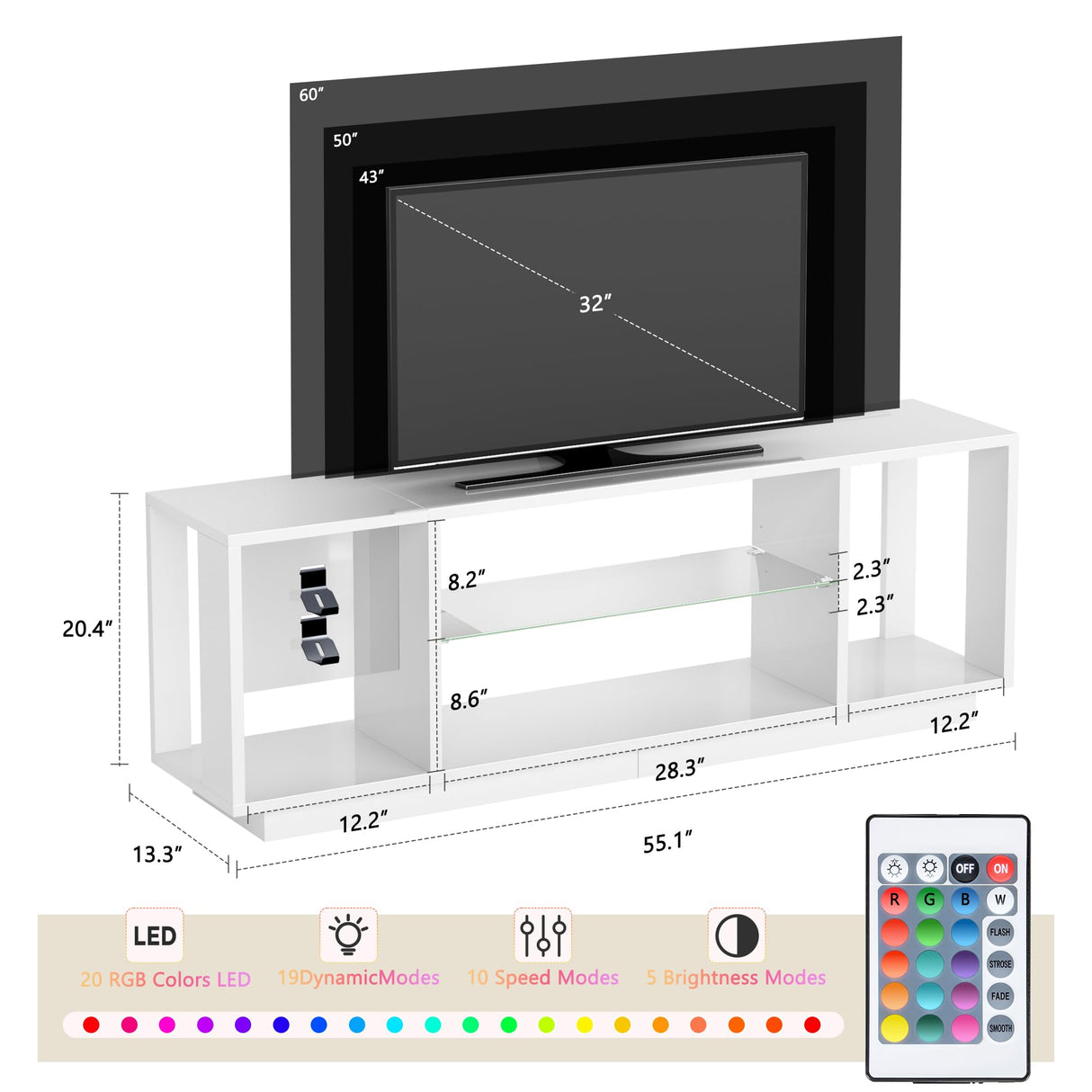 DlandHome LED TV Stand for TVs up to 60inch, Entertainment Center with Open Storage Shelves, TV Media Console Table for Bedroom, Living Room, White DlandHome