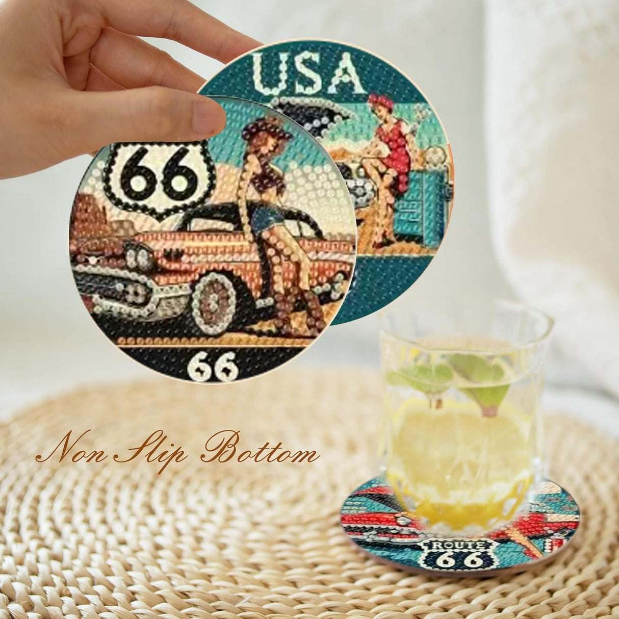 Mrnsiet 8 Pcs Car Diamond Art Coasters Kits for Adults, Highway Landscape Diamond Painting Coaster with Holder, Non Slip Hardwood Bases Coaster Set Gift for Beginners 4x4 Inch Mrnsiet