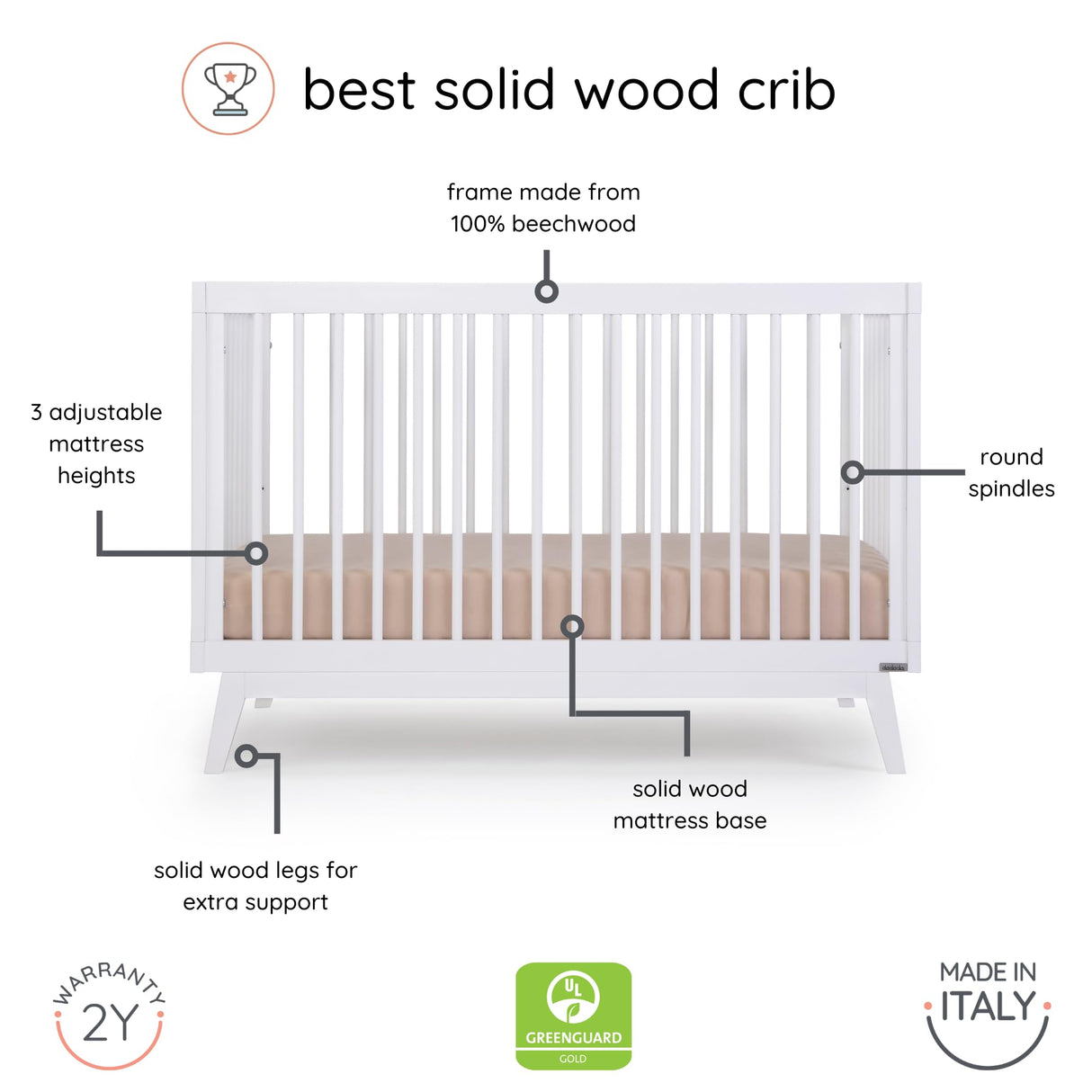 dadada Baby Soho 3-in-1 Convertible Crib to Toddler Bed – Wooden Crib Made in Italy, GREENGUARD Gold Certified Small Baby Crib – Baby-Safe Finish, Modern Design (White) dadada
