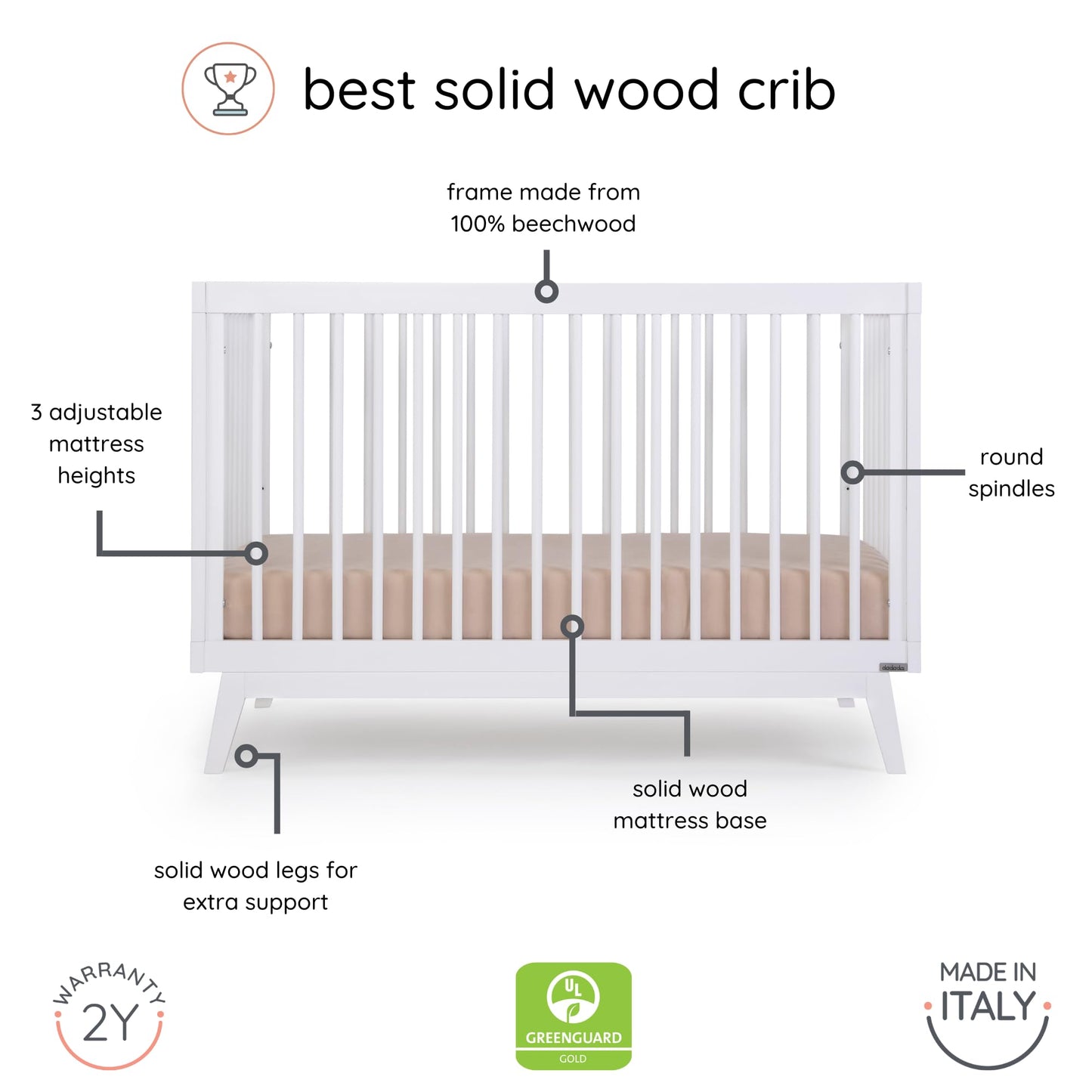 dadada Baby Soho 3-in-1 Convertible Crib to Toddler Bed – Wooden Crib Made in Italy, GREENGUARD Gold Certified Small Baby Crib – Baby-Safe Finish, Modern Design (White) - WoodArtSupply