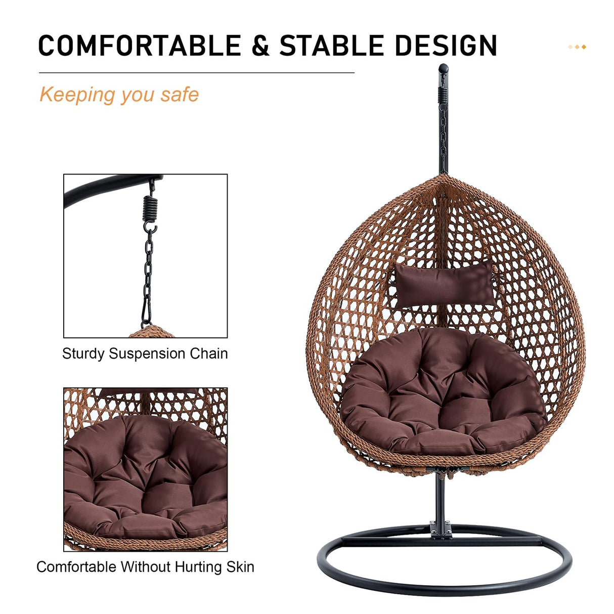 YWUFUART Hanging Egg Chair Outdoor,Rattan Swing Chair with Foldable Basket,Hammock Chair with Metal Stand,Lounge Chair for Garden Backyard,Brown YWUFUART