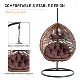 YWUFUART Hanging Egg Chair Outdoor,Rattan Swing Chair with Foldable Basket,Hammock Chair with Metal Stand,Lounge Chair for Garden Backyard,Brown YWUFUART