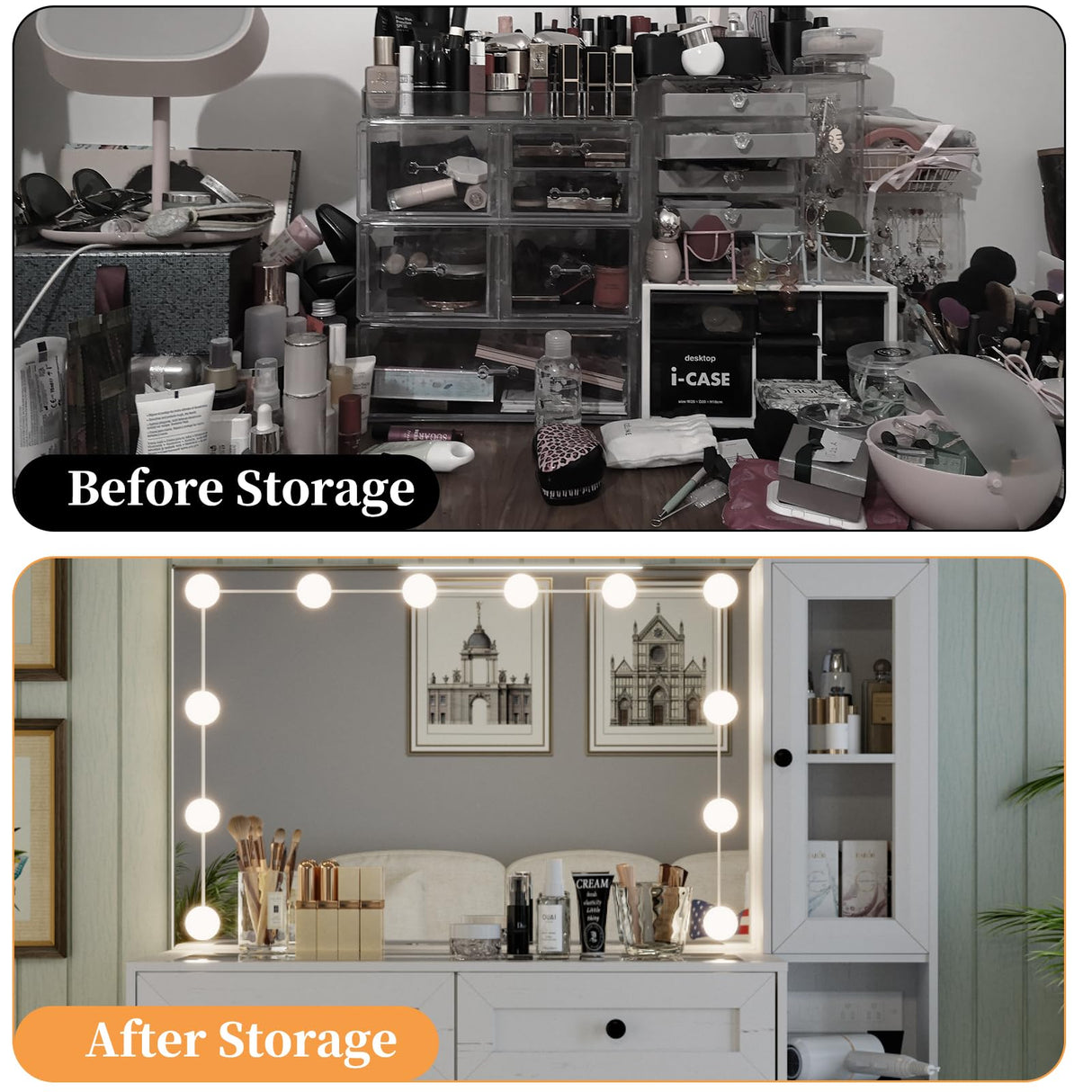 Diwnnue Farmhouse Mirror Large Vanity Desk with LED Bulbs, Makeup Vanity Table Set with Glass Tabletop, Charging Station & Power Outlet, Adjustable Lighting Modes, Bedroom, White Diwnnue