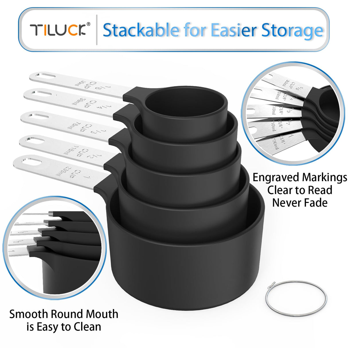 TILUCK Measuring Cups & Spoons Set, Stackable Cups and Spoons, Nesting Measure Cups with Stainless Steel Handle, Kitchen Gadgets for Cooking & Baking (Black) TILUCK