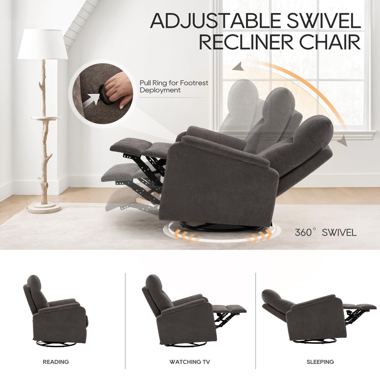 COLAMY Swivel Recliner Chair with Footrest, Strong Glide Chair High Back with Double-Layer Cushion, Rocker Recliner for Nursery & Living Room, Bedroom, Charcoal COLAMY