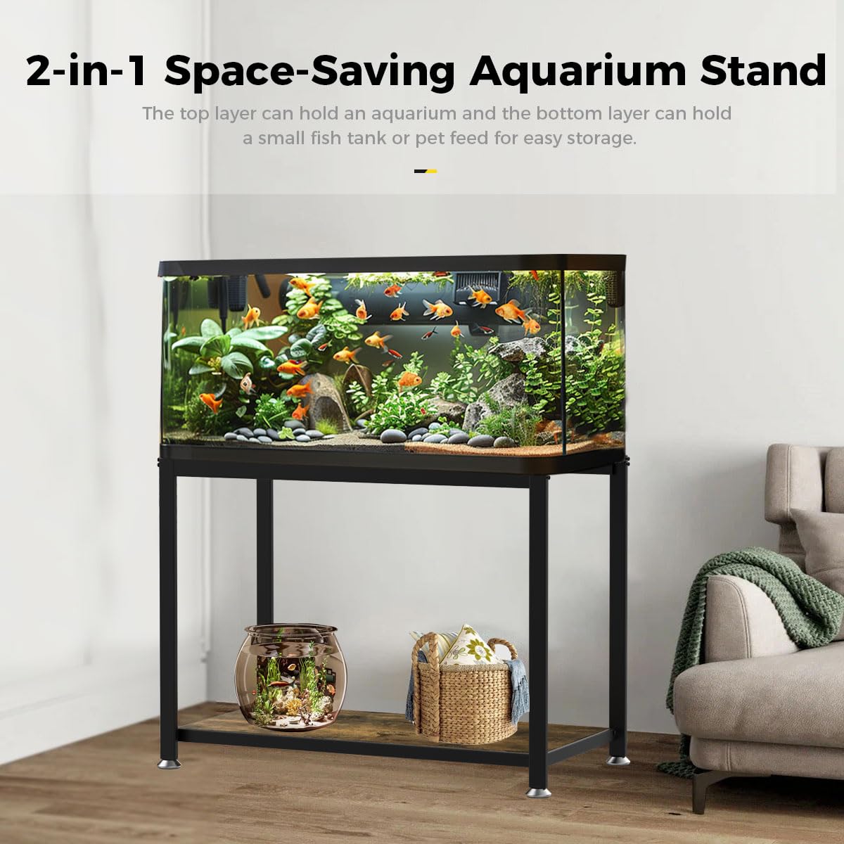 JDGG 40 Gallon Fish Tank Stand 700LBS Double-Layer Storage Shelf, 36.6" L x 18.5" W x 27.6" H Aquarium Stand, Metal Reptile Tank Stand, Use for Home Office, Tank not Included, Black - WoodArtSupply