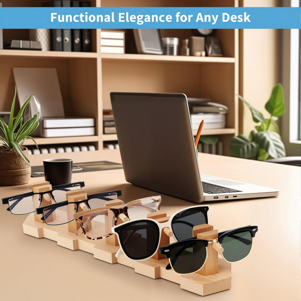 VOREN Beechwood Sunglasses Organizer Stand – Premium Eyeglass Storage Rack for 5 Pairs | Stable, No-Assembly Glasses Holder & Sunglass Display for Desk, Counter VOREN