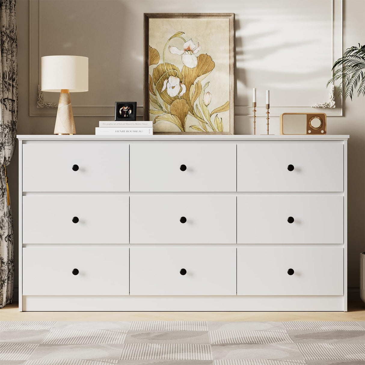 Tradare 9 Drawer Dresser for Bedroom, 59" Wide White Chest of Drawers, Wooden Dresser with 9 Drawers with Ample Storage, Modern Storage Organizer for Hallway,Nursery Tradare