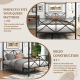 Queen Canopy Bed Frame, Metal Canopy Beds with 4 Poster Design and Geometric Accented Headboard and Footboard, No Box Spring Needed, Underbed Storage Space HomJoones