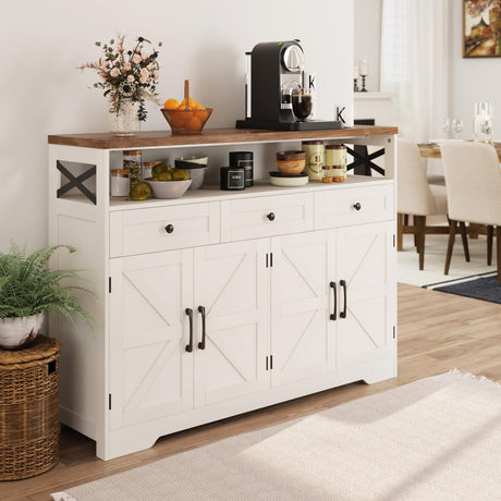 Befrases Farmhouse Buffet Cabinet with Drawers & Open Shelf, Sideboard Storage Cabinet, Kitchen Hutch Pantry, Wood Coffee Bar Station Cabinet for Kitchen, Dining Room, Hallway, 52" L White Befrases