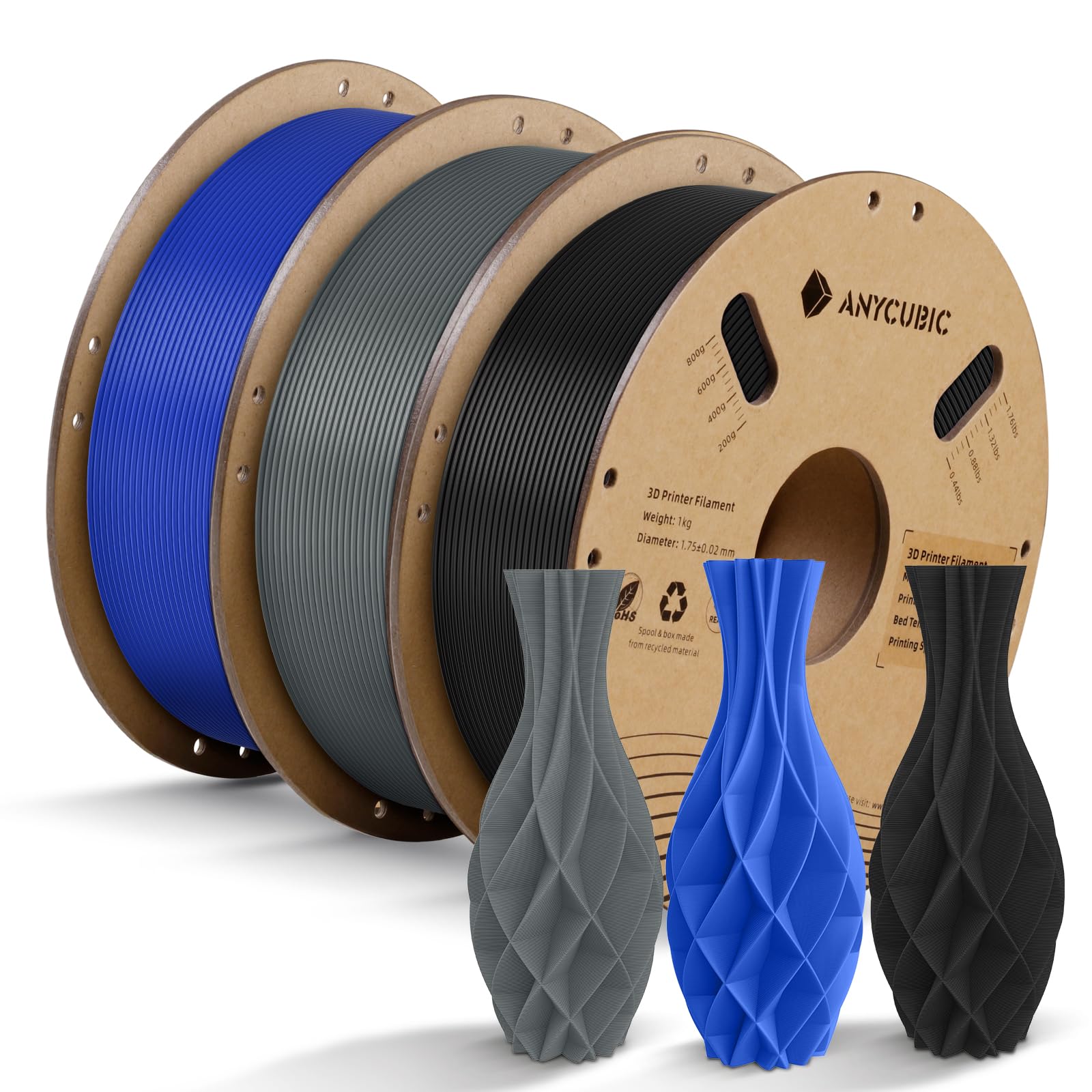 ANYCUBIC PLA Filament 1.75mm Bundle 3KG, 3D Printing PLA Filament 1.75mm Dimensional Accuracy +/- 0.02mm, 1KG Spool (2.2 lbs), 3KG, Black+Gray+Blue - WoodArtSupply