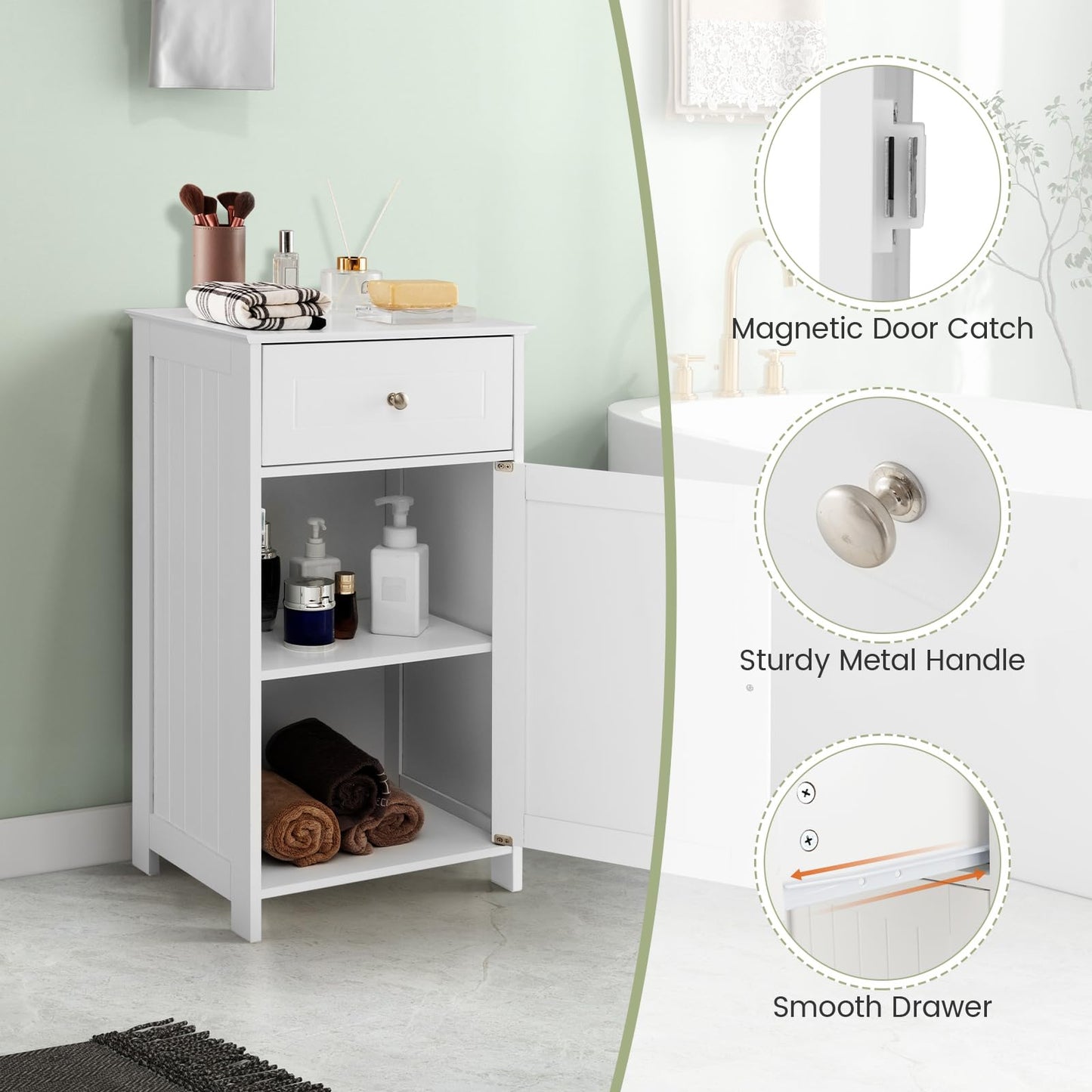 Tangkula Small Bathroom Cabinet for Small Spaces, Freestanding Single Door Bathroom Storage with Adjustable Shelf, Anti-tipping Device, Smooth Drawer, Floor Cabinet for Bathroom Living Room