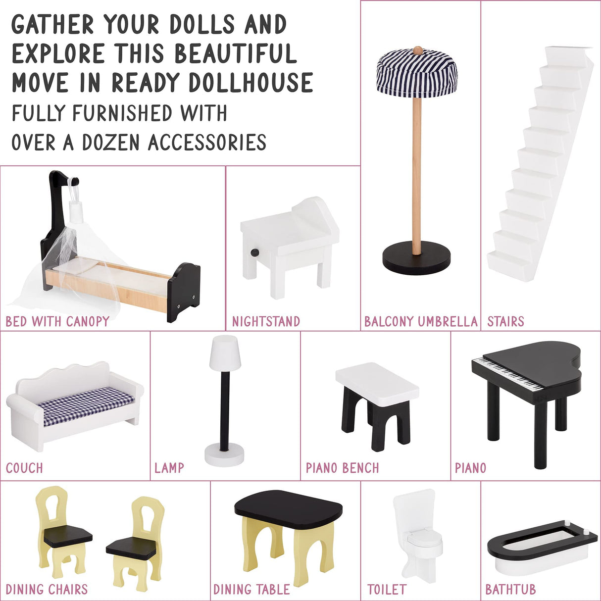 Lil' Jumbl X-Large 3-Story Wooden Dollhouse with Elevator, Balcony & Furniture Set Lil' Jumbl