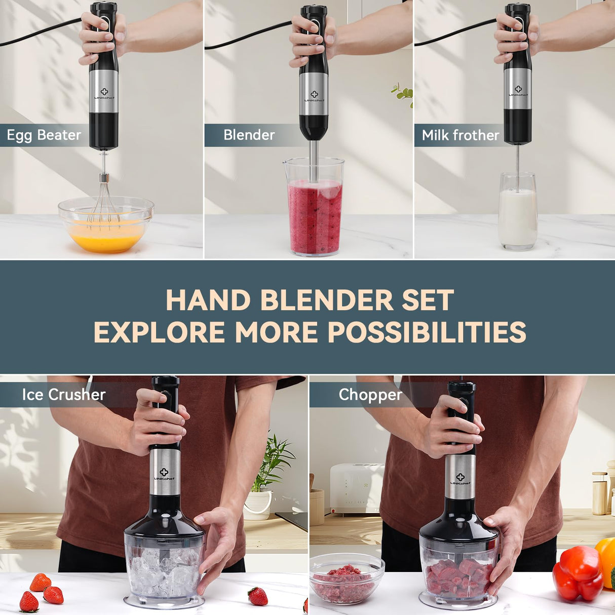 LINKChef 7 in 1 Immersion Blender Scratch Resistant, 2 Titanium Steel Blades 800W Hand Blender, 20 Speed and Turbo Mode Stick Blender Immersion with Whisk, Milk Frother, Food Processor, Beaker LINKChef