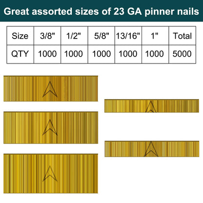 Toicann 23 Gauge Pin Nails (1",13/16",5/8",1/2",3/8") 5000 pcs Headless Pinner Nails for 23 GA Pneumatic or Electric Pinner or Pin Nail Gun, Ideal for Fine Woodworking or Trim Work - WoodArtSupply