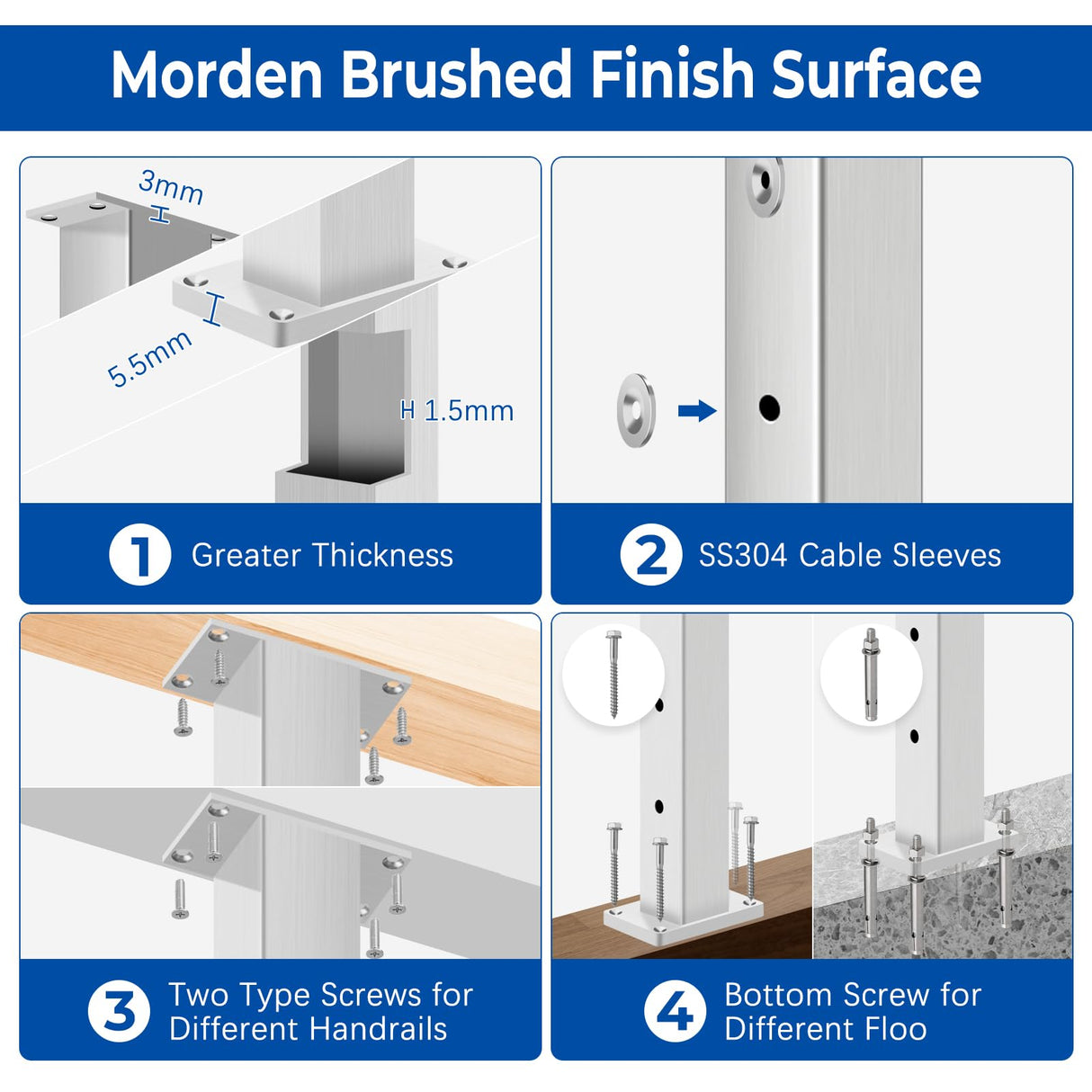 Gyykzz 4 Pack Cable Railing Post 42" (Post 41"x2"x2"), Fixed Top Mount Level Drilled Railing Post with Cable Sleeves, Stainless Steel Level Line Post Handrail Post, Brushed Finish Flat Top Deck Post Gyykzz