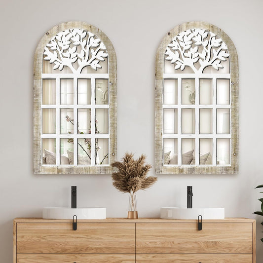 Uaeoo Arched Window Mirror,Wooden Mirror Wall Decor,Large Farmhouse Decorative Wall Mirror,Cathedral Mirror for Entryway,Vanity,Living Room,Bedroom and Bathroom Decor -2 Pack - WoodArtSupply