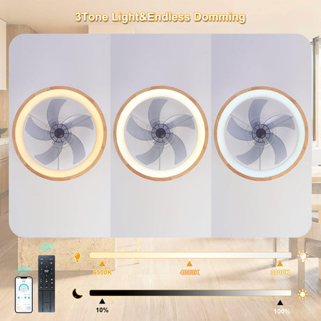 HUOGME Modern Low Profile Ceiling Fans with Lights and Remote, 20" Wooden Flush Mount Reversible Bladeless Ceiling Fans with Light，3000K-6000K Dimmable LED Timing and 6 Wind Speeds HUOGME