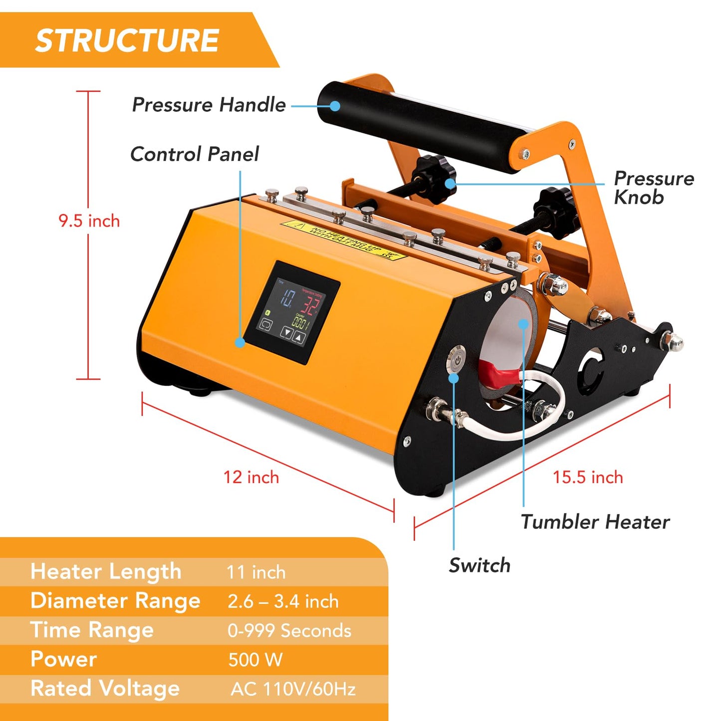 Tumbler Heat Press Machine - EZIOSS Versatile Mug Press for 30, 20, 16, 15, 11 OZ Cups - with Thermal Transfer Paper, Tape & DIY Free Template - Ideal Sublimation Printers for Heat Transfer - Orange