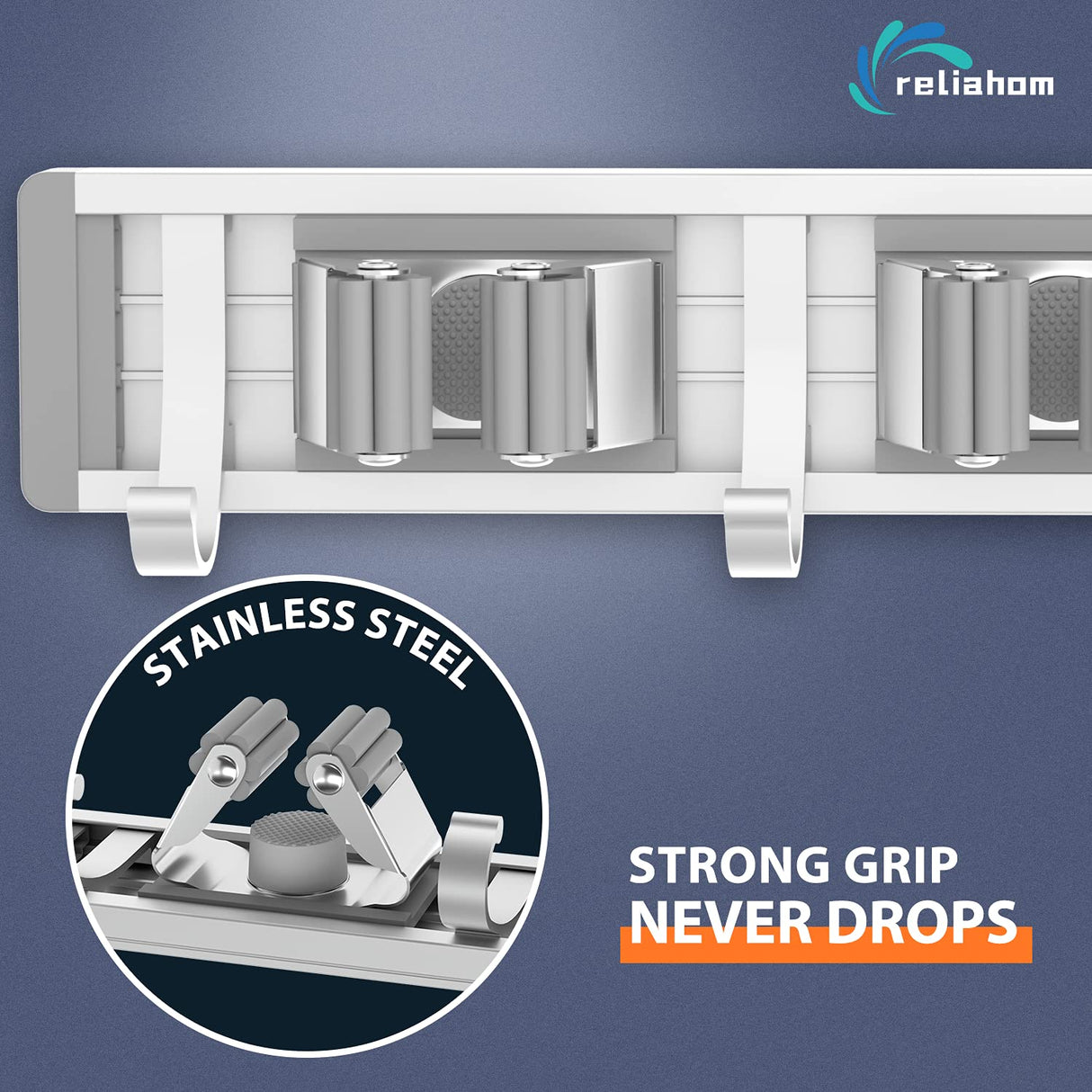 reliahom Broom Holder Mop Hanger Wall Mount Metal Organization Garage Storage System Garden Kitchen Tool Organizer (4 Racks with 5 Hooks, Silver) reliahom