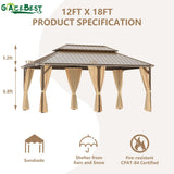 GAZEBEST 12x18 ft Hardtop Gazebo Outdoor Aluminum Patio Gazebo Double Roof Galvanized Steel Gazebo Canopy with Netting and Curtains,for Garden Patio,Patio Backyard,Deck and Lawns GAZEBEST