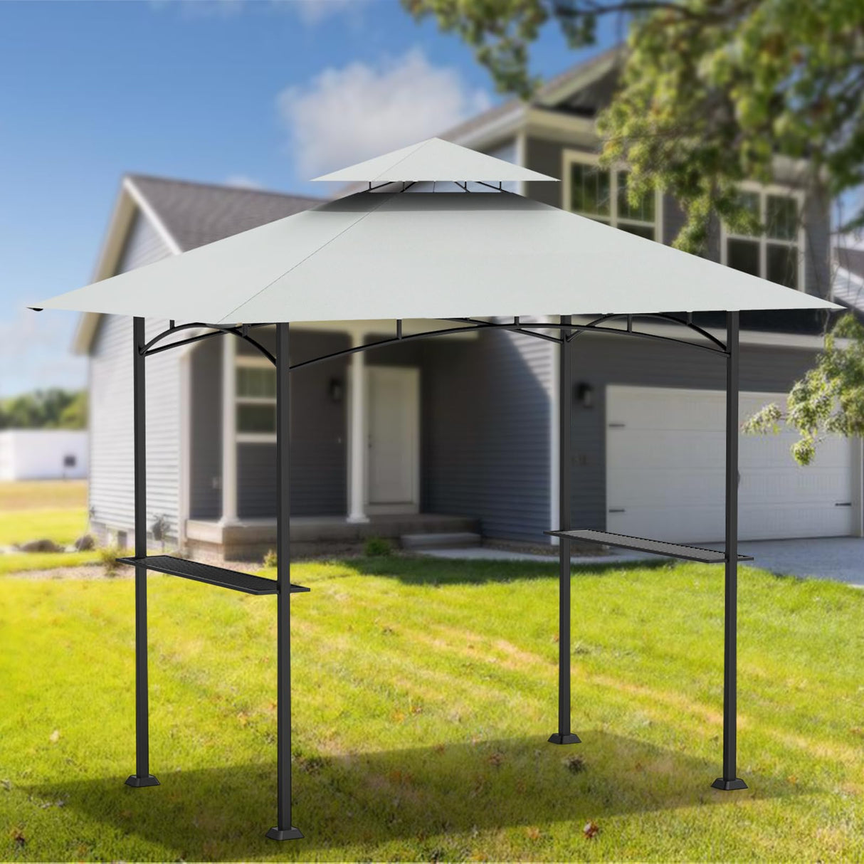 Grill Gazebo Replacement Canopy Top - AONEAR 5'x8' Outdoor BBQ Tent Roof Cover Double Tiered Outdoor Grill Shelter Fit for Model L-GG001PST-F (Gray) aonear