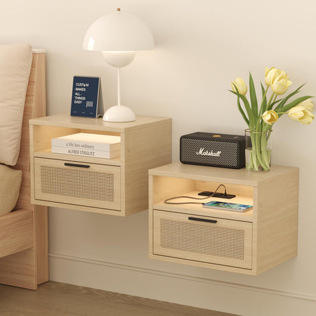 iyrany Floating Nightstand with Drawer and Charging Station – Modern Wall-Mount Set of 2 with USB, Outlets & LED for Compact Bedroom Storage iyrany