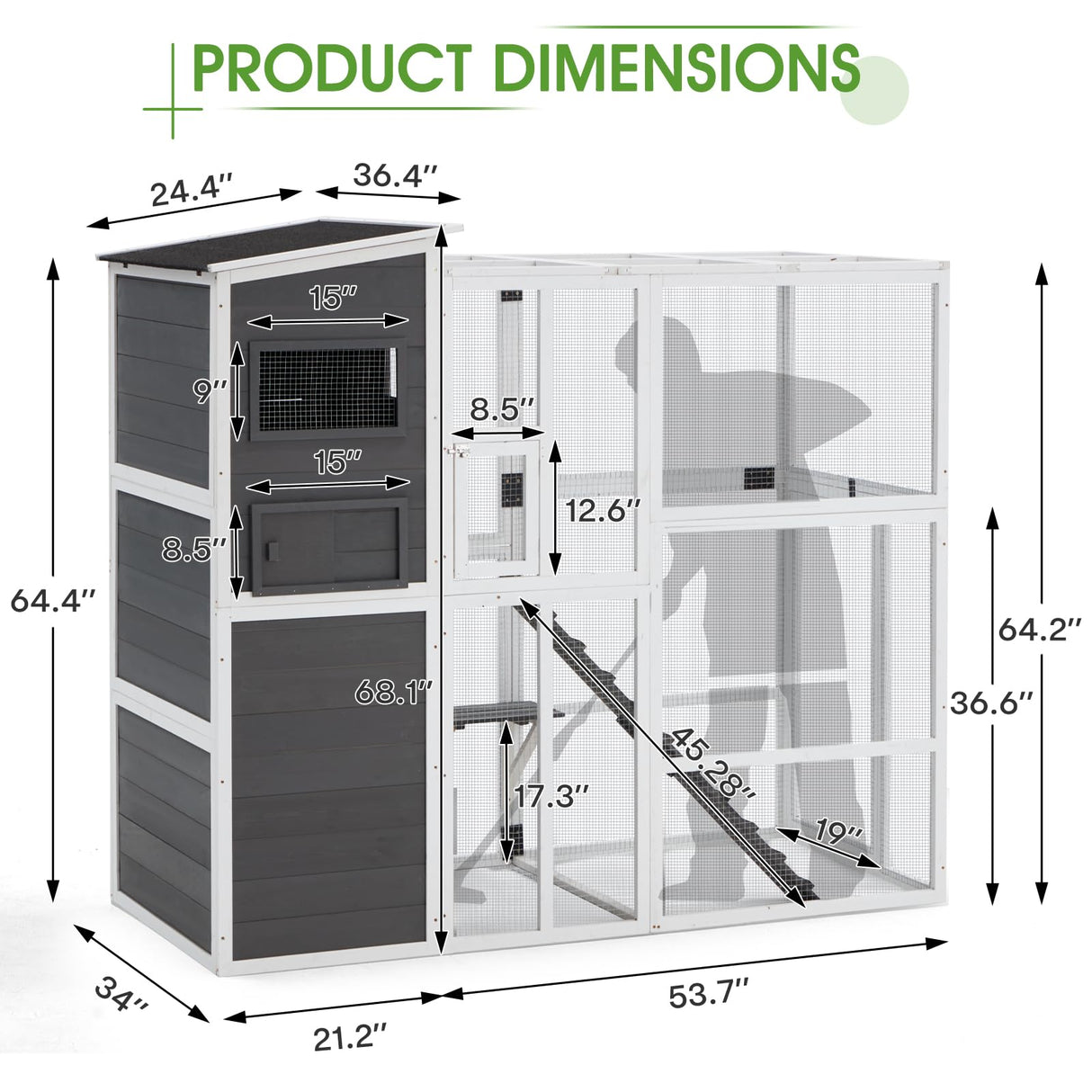 YODOLLA Wooden Cat House,Large Space Cat Cage,Large Outdoor/Indoor Catio Enclosures,Wooden Cat House Weatherproof with Multi Platforms, Indoor Interoperability,Jump Platform Grey YODOLLA