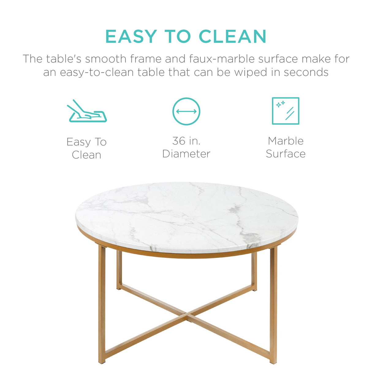 Best Choice Products 36in Faux Marble Accent Table, Modern End Table, Large Coffee Table Home Decor for Living Room, Dining Room, Tea, Coffee w/Metal Frame, Foot Caps, Designer - White/Gold Best Choice Products