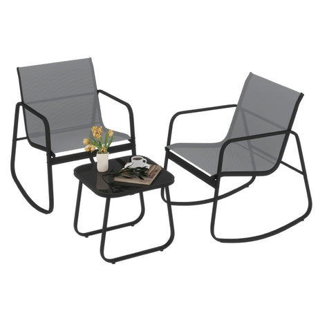 DWVO Gray 3-Piece Patio Bistro Set, Outdoor Textilene Furniture with 2 Rocking Chairs and Coffee Table for Backyard Lawn Garden Balcony Poolside DWVO