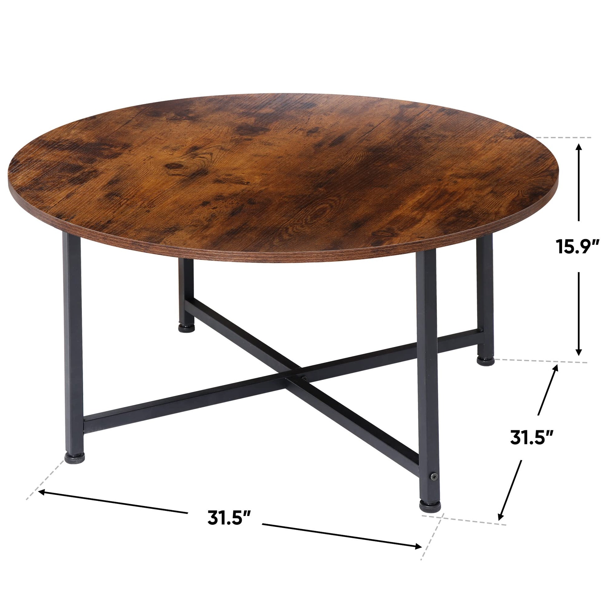 SUPER DEAL Round Coffee Tables w/ 32 Inch Rustic Wooden Surface Top and Sturdy Metal Legs Industrial Cocktail Table for Living Room, Rustic Brown - WoodArtSupply