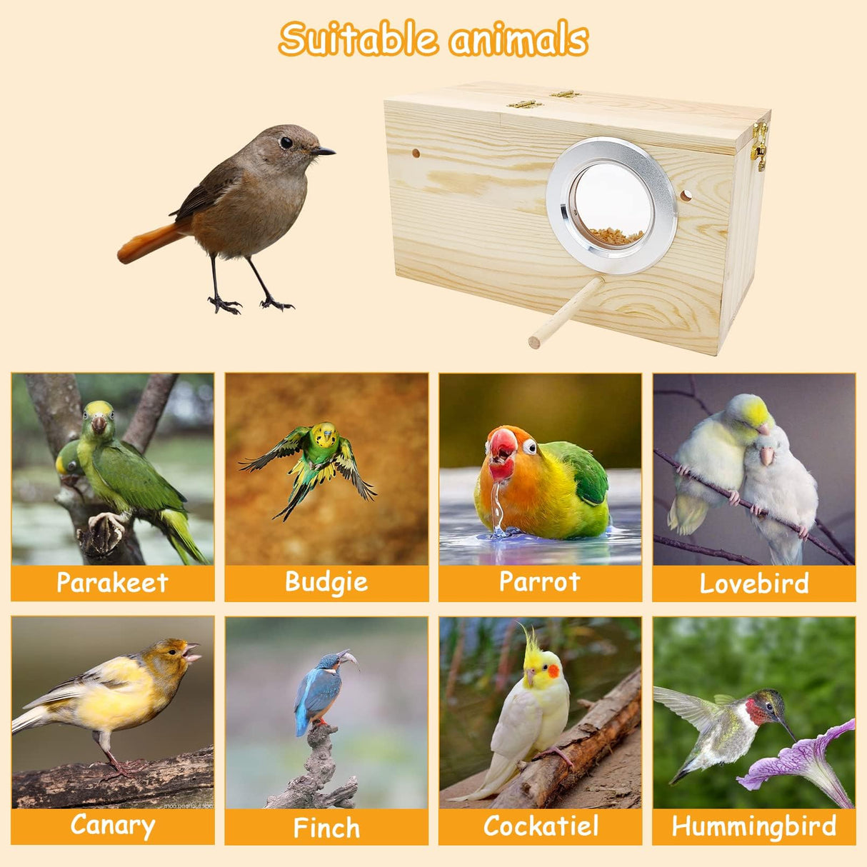 PINVNBY Large Natural Wood Parakeet Nesting Box Budgie Breeding Box Acrylic Bird Nest for Cage Transparent Panoramic for Birds, Parrots, Cockatiels, Lovebirds, Canaries (S: 7.87 x 4.72 x 4.72 inch) PINVNBY