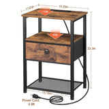 LOAKEKEL Night Stand Set 2, Nightstand with Charging Station, End Tables Living Room with Fabric Drawer for Small Spaces, Side Tables with Storage Shelf for Bedroom, Rustic Brown HETS010PBR LOAKEKEL