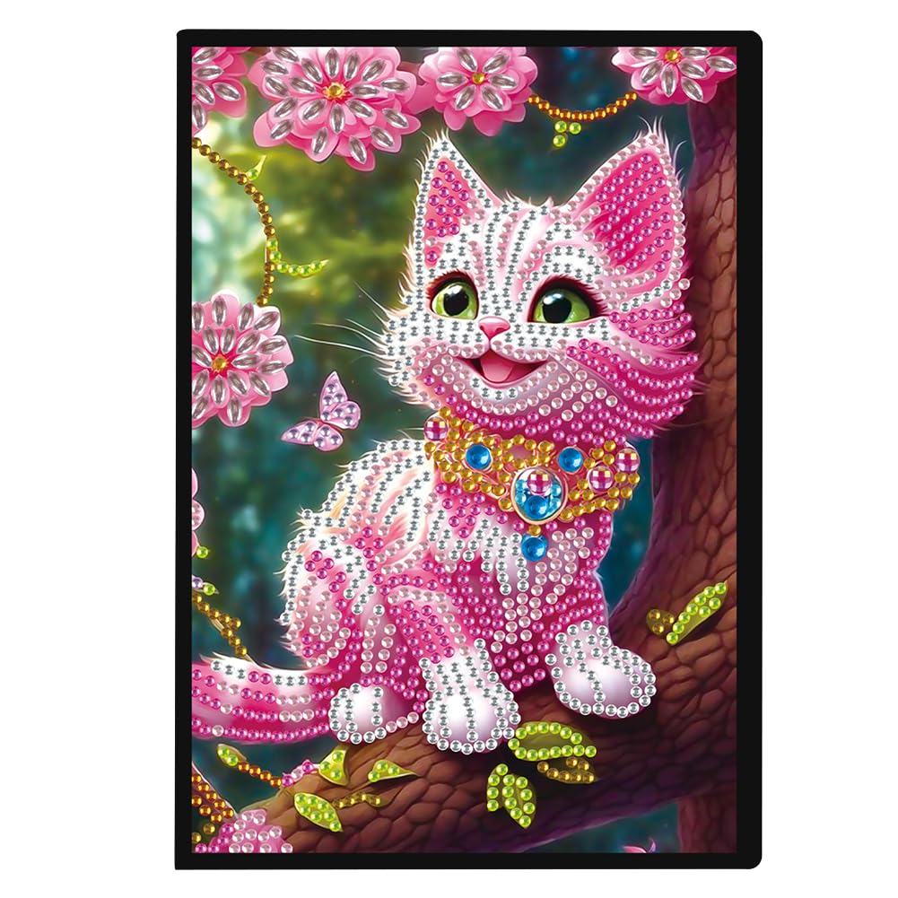 5D Diamond Art Painting Notebook Kits 50 Pages A5 Special Shaped Pink Cat Pattern Diamond Inlaid Handmade Notepad Drill Painting Wireless Strip Diary Book Birthdays Gifts for Teens Generic
