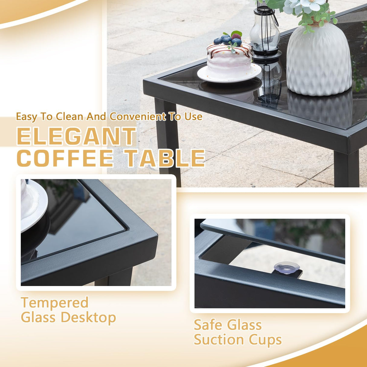 Greesum 4 Pieces Patio Furniture Set Outdoor Conversation Textilene Fabric Chairs for Lawn, Garden, Balcony, Poolside with A Glass Coffee Table, Black Greesum