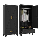 Baborokic Metal Wardrobe Cabinet,71 Armoire Wardrobe Closet with Drawers and Hanging Rod,Metal Armoire with Adjustable Shelves for Closet,Bedroom,Farmhouse Storage Cabinet with Drawer(Black) Baborokic