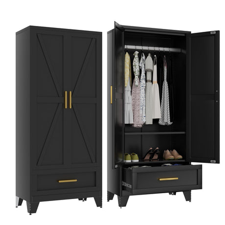 Baborokic Metal Wardrobe Cabinet,71 Armoire Wardrobe Closet with Drawers and Hanging Rod,Metal Armoire with Adjustable Shelves for Closet,Bedroom,Farmhouse Storage Cabinet with Drawer(Black) Baborokic