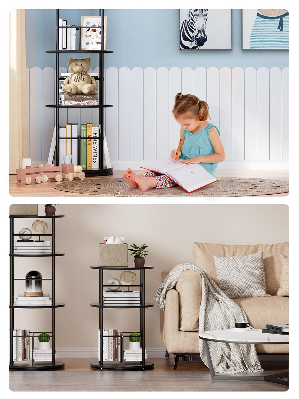 Rotating Bookshelf Tower, 4 Tier Corner Bookshelf for Small Space, 360 Display Spinning Bookcase, Floor Standing Book Shelves Storage Rack Narrow Round Book Shelf Organizer for Bedroom, Living Room Turosur