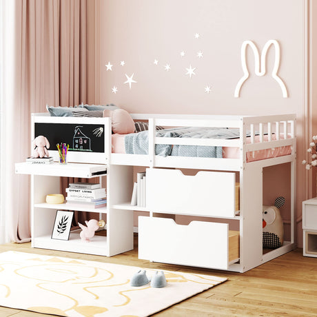 Merax Low Loft Bed Twin with Storage, Solid Wood Bed Frame with Rolling Desk and Drawers, No Box Spring Needed, for Boys & Girls (White) Merax