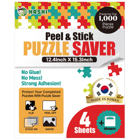 HASHI Puzzle Saver 4 Sheets (12.4 x 15.3 Inches) with 4 Hangers, Easy Peel & Stick, No Mess, Adhesive Backing for Jigsaw Puzzles HA SHI