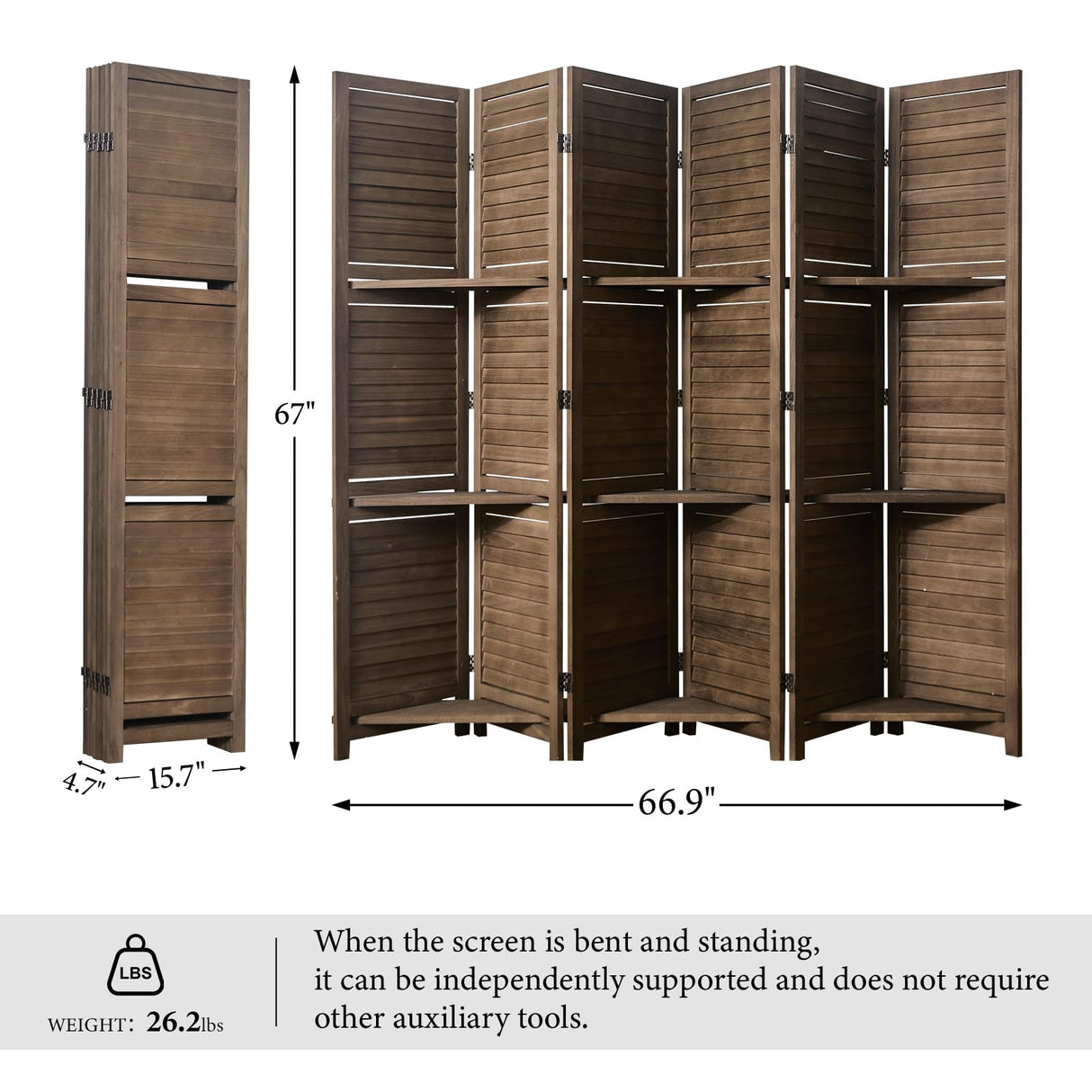 Room Divider with Shelves, 5.6 Ft Tall Folding Wood Screen with Double Hinges for Home Office Bedroom Hotel Decoration (6 Panels, Brown) Svimi